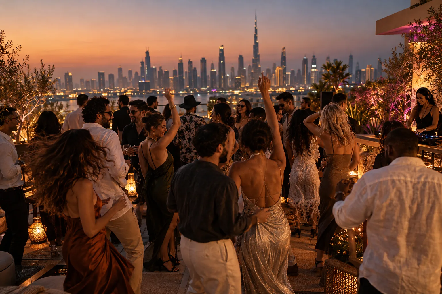 An evening event with guests and warm lighting